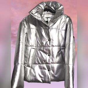 NWT Jules Kae Anastasia Women's Metallic Silver Puffer Jacket Size SMALL